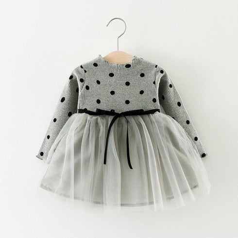 Autumn New Polka Dot Stitching Gauze Princess Dress Baby Girl Long Sleeve Dress
